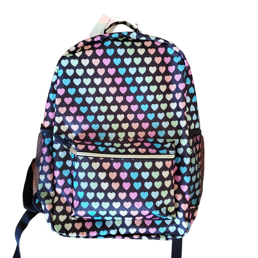 Under One Sky multicolor hearts backpack - front pocket / side …